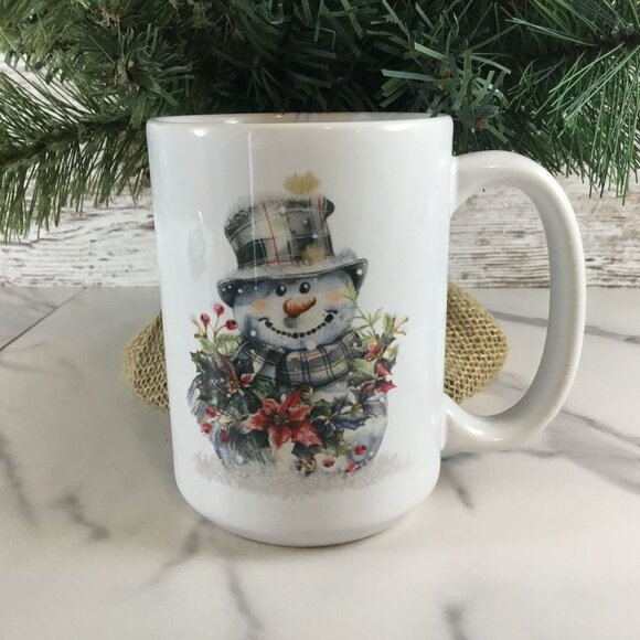 Plaid Snowman Winter Mug 15 oz Ceramic Coffee Cup - Picture 2 of 5